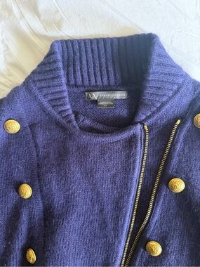 Armani Exchange Navy Knit Zip Cashmere Cardigan with Gold Buttons